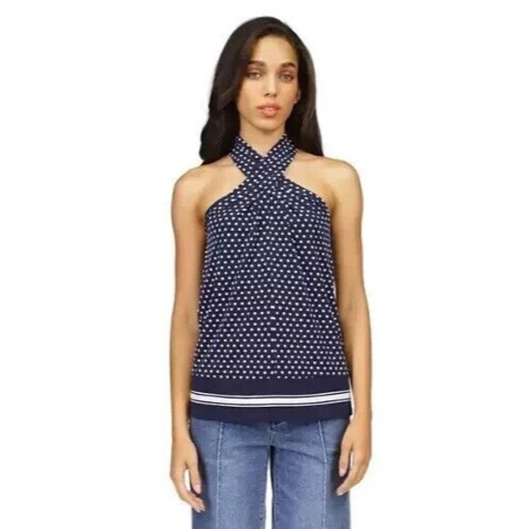 MICHAEL Michael Kors Women's Dot Border Twist Halter Tank Top Midnight Blue XL - Picture 3 of 13